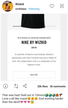 Wizkid's Star-boy Jersey sold out in 10minutes!