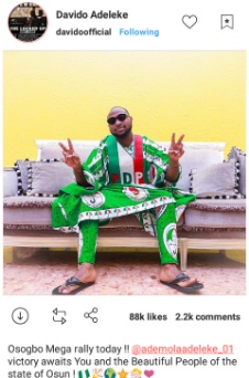 Osun Mega rally: Davido declares total support for PDP