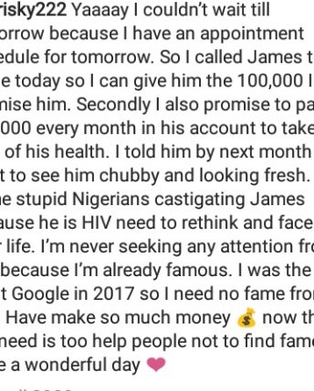 Bobrisky fulfils promise, gifts James Brown 100k