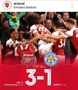 Arsenal beat Leicester City 3-1 to record their 10th straight win