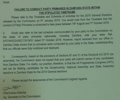 Zamfara State: INEC bans APC from fielding candidate for 2019 elections