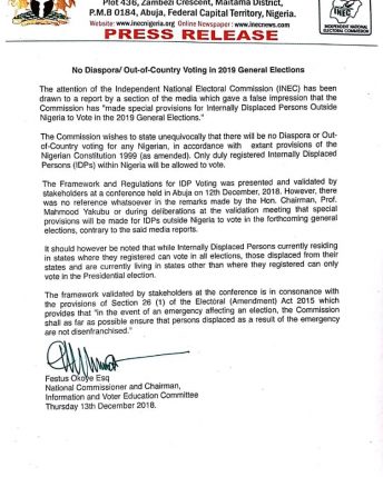 INEC denies media reports of allowing IDPs outside Nigeria to vote