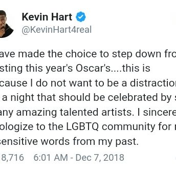 Kevin Hart steps down from hosting 2019 Oscars