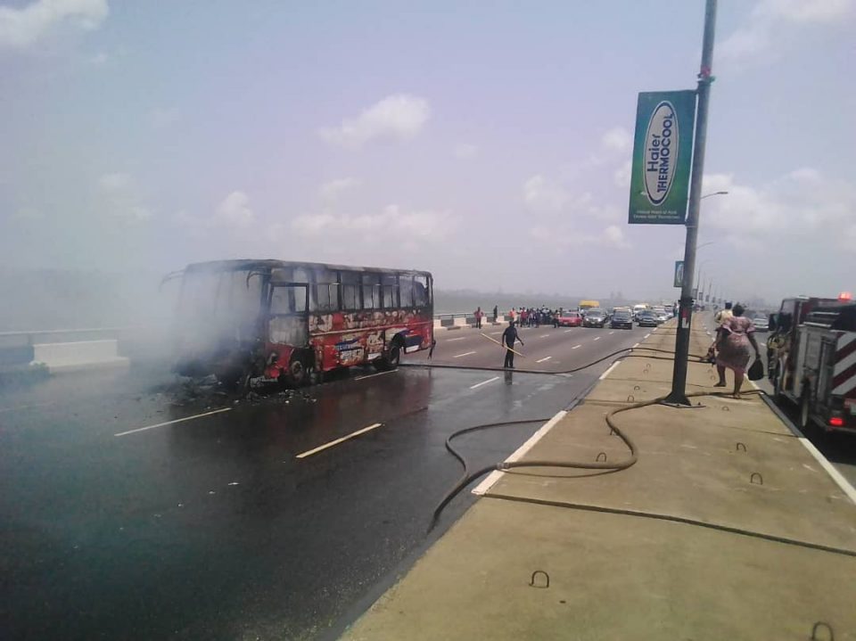 LASTMA clears scene following a BRT Bus fire at Unilag Water-Front
