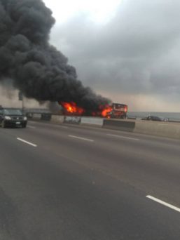 BRT Bus catches fire on Third Mainland Bridge Lagos
