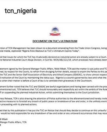 TCN Respond To TUC's Ultimatum on planned Industrial Action