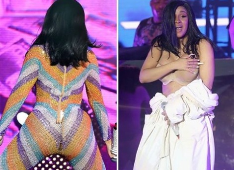 Cardi B suffers a wardrobe malfunction, performs in a Robe