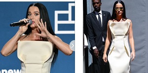 Katy Perry Models Striking Cream Dress With Folded Sides In NYC