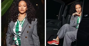 Rihanna Models Gray Suit With Sporty Jersey In LA
