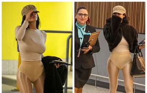 Bianca Censori Hits Melbourne Airport With Gold Tights