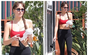 Dakota Johnson Seen In Bra And Leggings Leaving Gym In LA